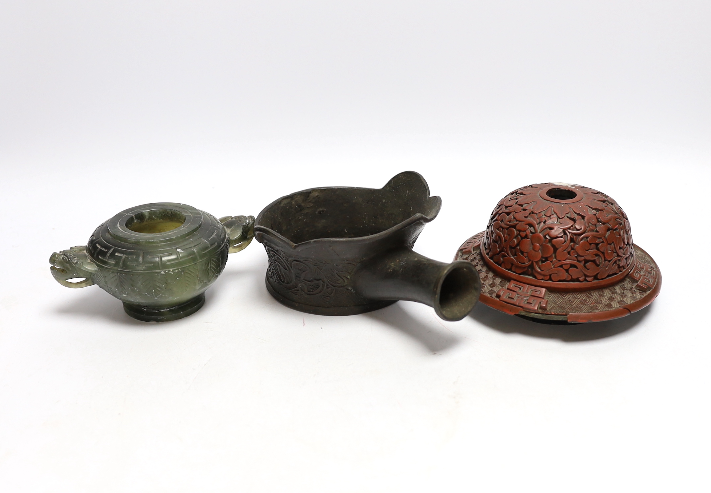 Three Chinese items including cinnabar lacquer lid and twin handled censer, largest 16cm wide